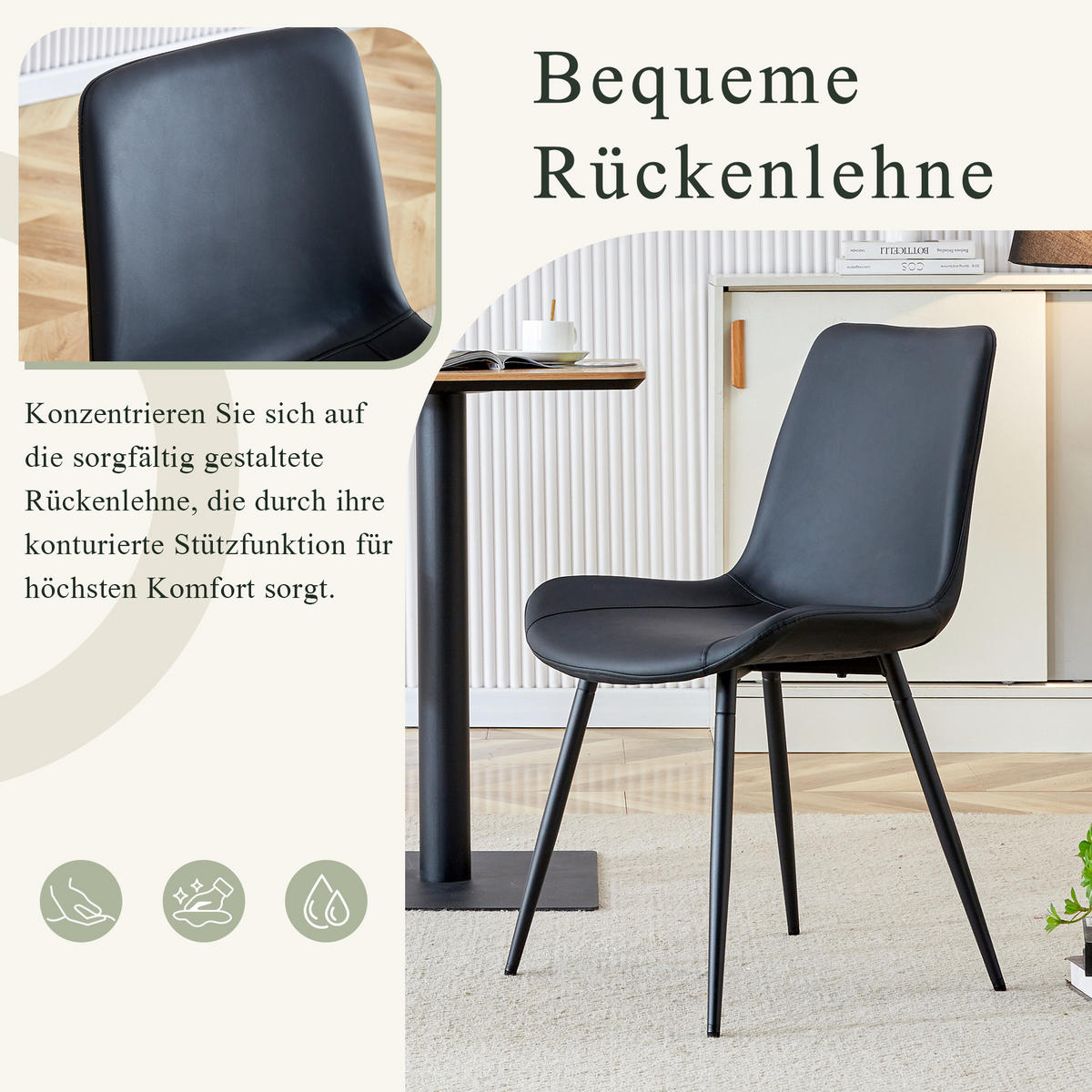 STUHL-SET DE-36498 4 Stück mit Kunstlederbezug Schwarz - Schwarz, Metall (47/83/50cm) - ComfortXL
