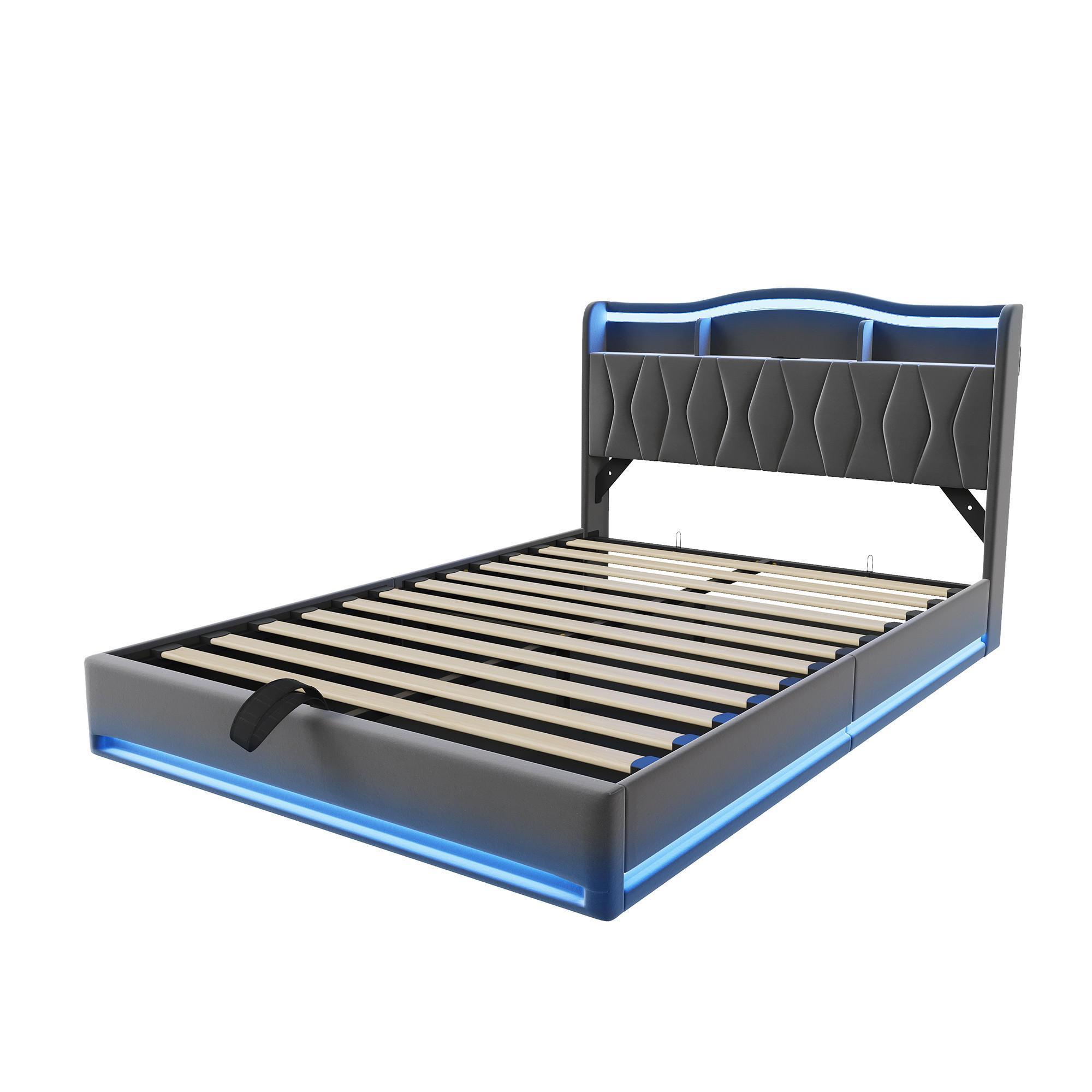 POLSTERBETT 160x200 cm mit Stauraum‑Kopfteil, Hydraulik‑Stauraum, LED und USB‑C Ladeanschlüsse, Velours‑Stoff, grau - Grau, Holz (160/200cm) - BRILVERDE