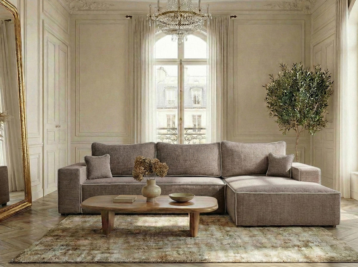 ECKSOFA MIT SCHLAFFUNKTION Modo Beige Chenille-Stoff - Rechts Seite - Beige/Schwarz, Holz/Holzwerkstoff (294/185cm) - Maison de Reve