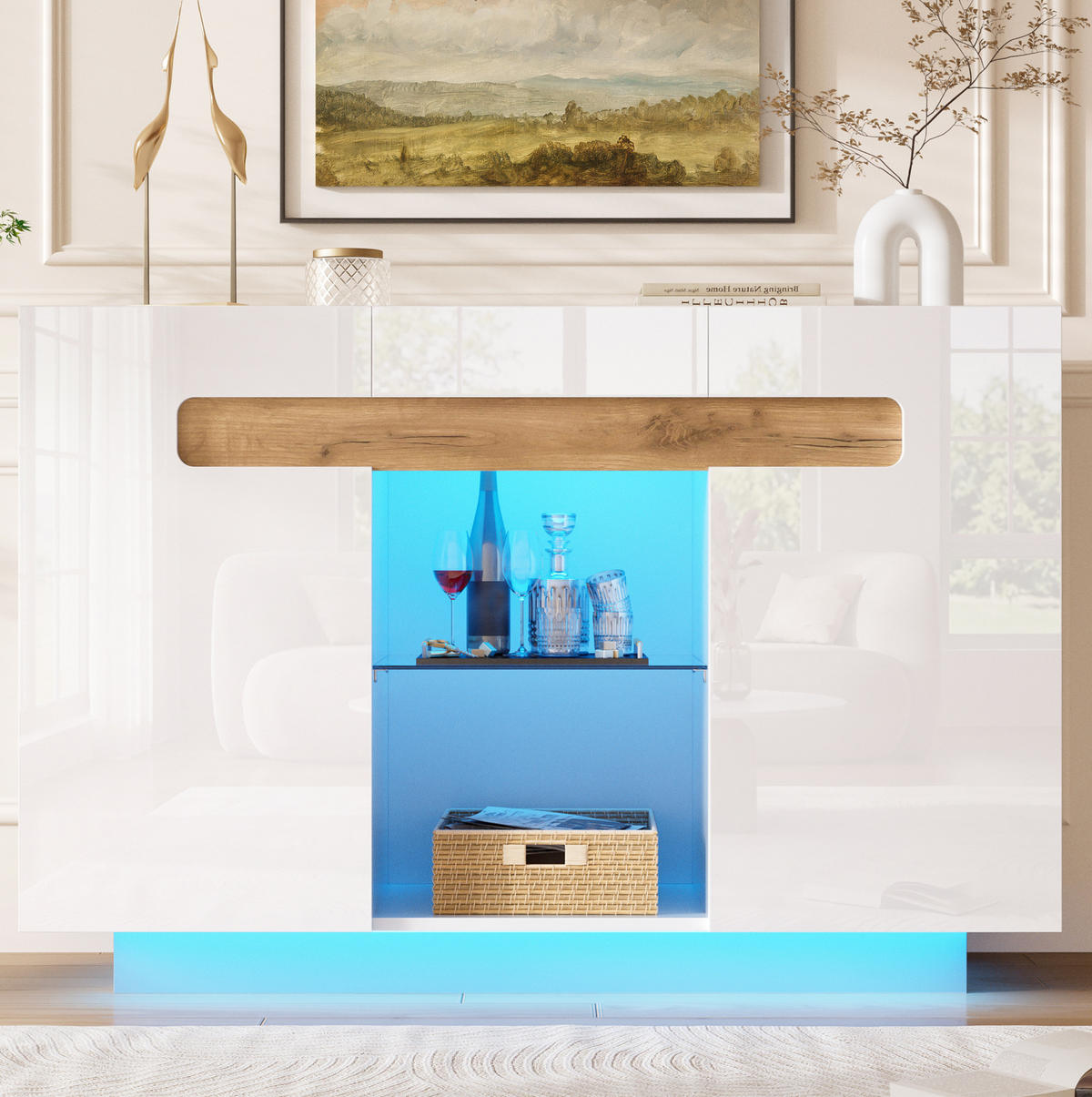 SIDEBOARD 120/40/80 cm Weiß/Natur aus Spanplatte und Glas mit LED - Weiß, Glas (120/80/40cm) - OKWISH