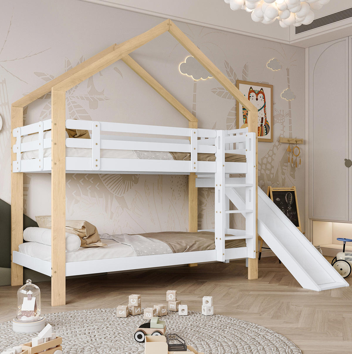 ETAGENBETT aus Kiefer und MDF 90x200 cm Weiß/Natur mit Rutsche, Hausdach und Absturzsicherung - Weiß, Holzwerkstoff (90/200cm) - Modfu