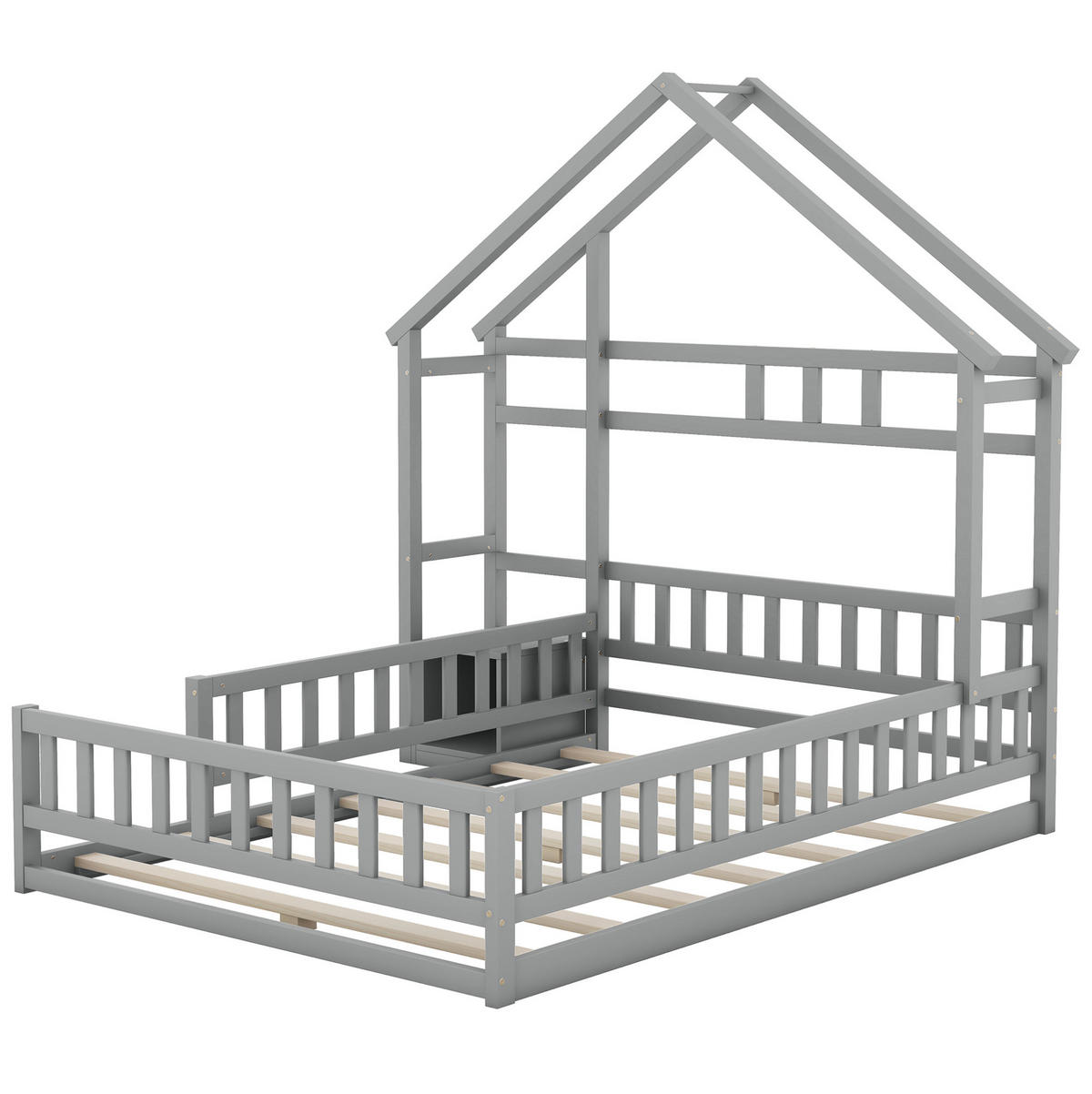 HAUSBETT 140/200 cm in Grau – aus Kiefernholz mit Geländer und Nachttisch - Grau, Holz (140/200cm) - BEAOK