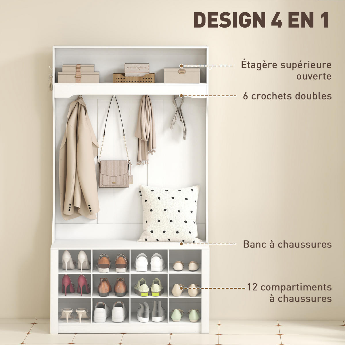 GARDEROBE Weiß mit Sitzbank und 12 Schuhfächern 100/35/172,2 cm - Weiß, Holzwerkstoff (100/172.2/35cm) - PANGIVO