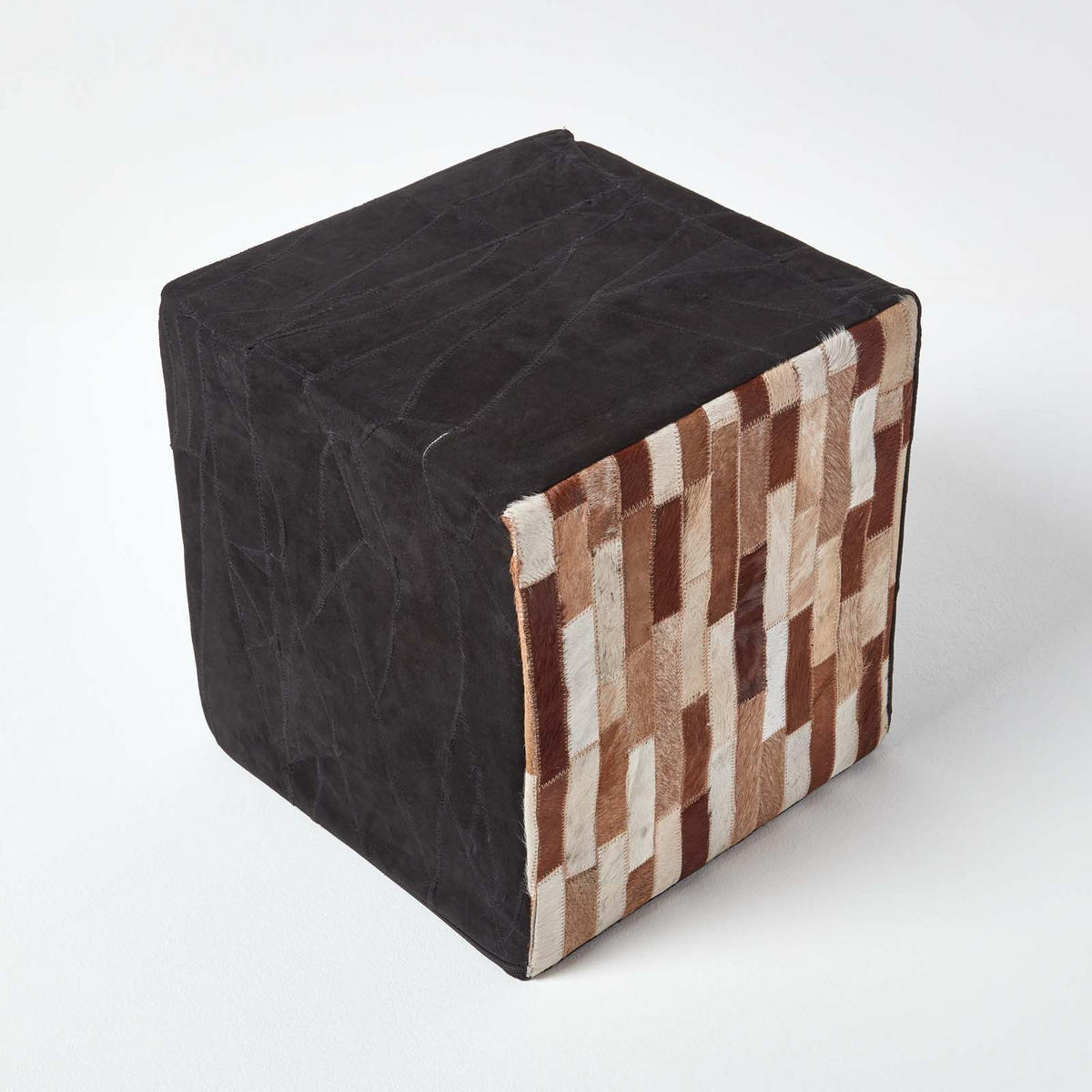 PATCHWORK-HOCKER Leder-Würfel schwarz-braun, 36/36/38 cm - Braun, Leder (36/38/36cm) - Homescapes