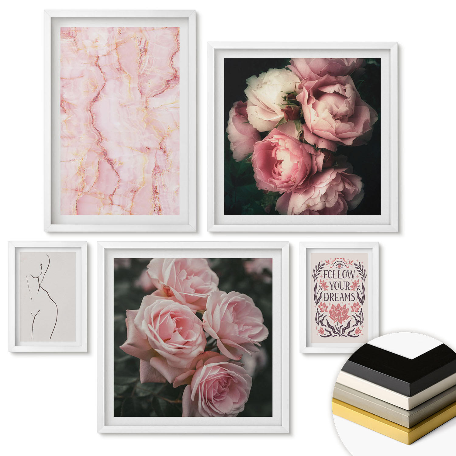 WANDBILDER 5er-Set - 50x50 cm & 20x30 cm & 40x60 cm Weißer Rahmen - Vintage-Rosen-Marmorträume - Weiß, Kunststoff (40/60cm) - ArtPrintCave