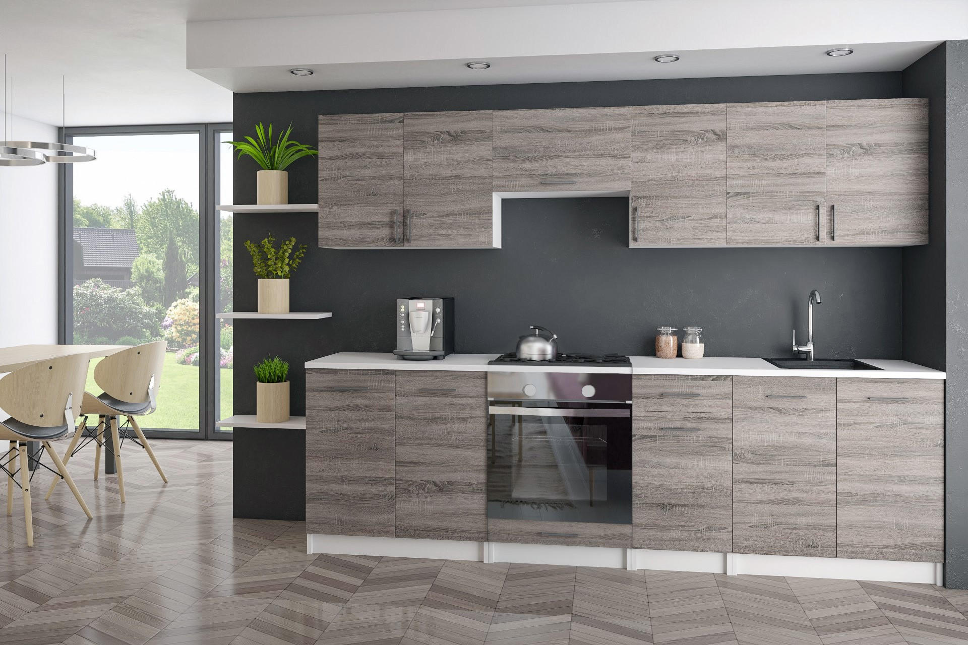 KÜCHENZEILE LECO 240 dunkel sonoma truffel - Dunkelbraun/Sonoma Eiche, Holzwerkstoff (240/82/46cm) - roe furniture