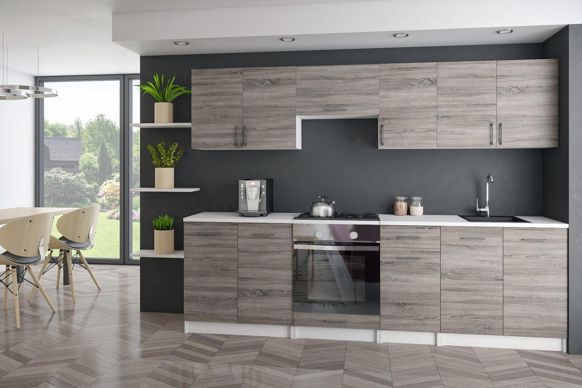 KÜCHENZEILE LECO 240 dunkel sonoma truffel - Dunkelbraun/Sonoma Eiche, Holzwerkstoff (240/82/46cm) - roe furniture