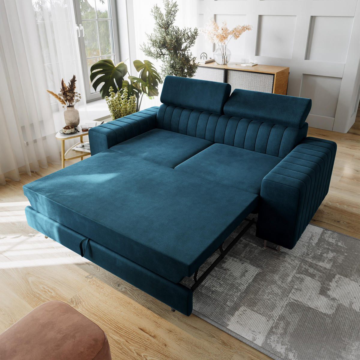 BETTSOFA SOLAN Blau Velours-Stoff mit Schlaffunktion - Blau, Holz/Textil (194/88/90cm) - MASSENO