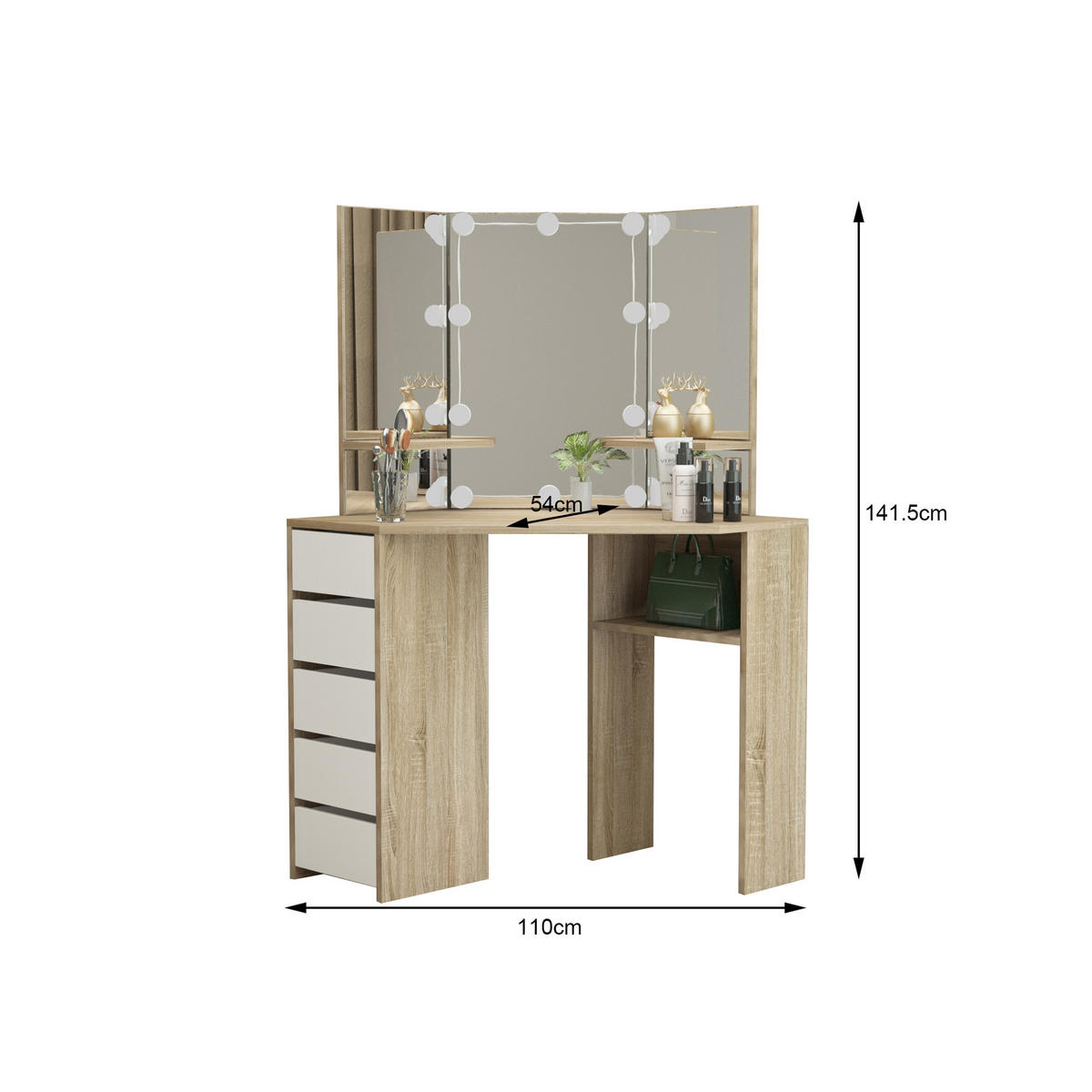 SCHMINKTISCH rechteckig weiß 110/141,5/54 cm - Braun, Holz (54/141.5/110cm) - ML-DESIGN