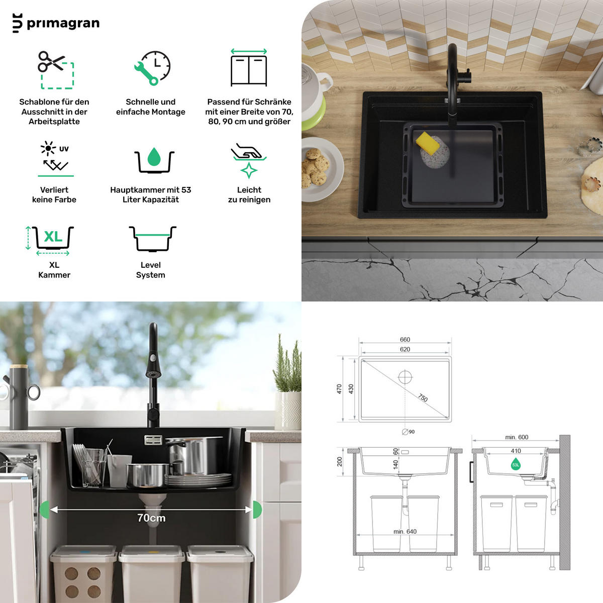 GRANITSPÜLE Praga Slim, 2-er set Schwarz 66/47 cm 1 Becken + Küchenarmatur 32/20 cm + Ablauf-Set + Aufrollbare Abtropffläche ab 70er Unterschrank - Chromfarben/Schwarz, Kunststoff (66/20/47cm) - Primagran