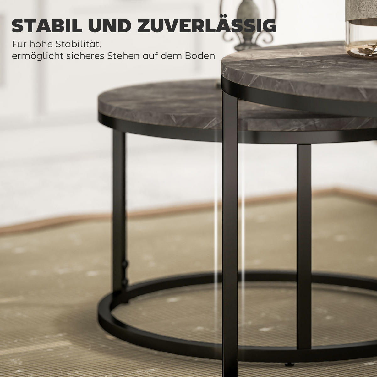 COUCHTISCH rund 2er Set Satztisch mit Metallrahmen, Marmoroptik Grau - Dunkelgrau/Schwarz, Holzwerkstoff/Metall (78.5/78.5/46.5cm) - HOMCOM