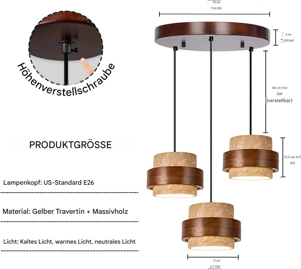 PENDELLEUCHTE Travertin Gelb & Holz, Japandi Rund - Gelb, Naturmaterialien (170/30/50cm) - Weltevree