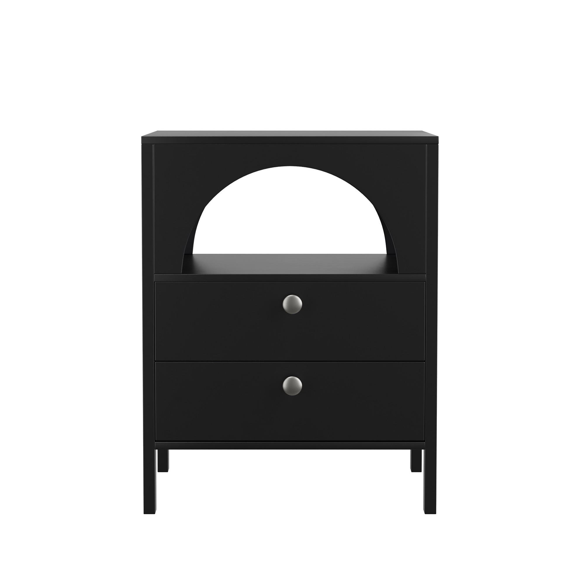 OKWISH NOČNÍ stolek 45/40/58 cm černý z MDF se dvěma zásuvkami a otevřenou přihrádkou