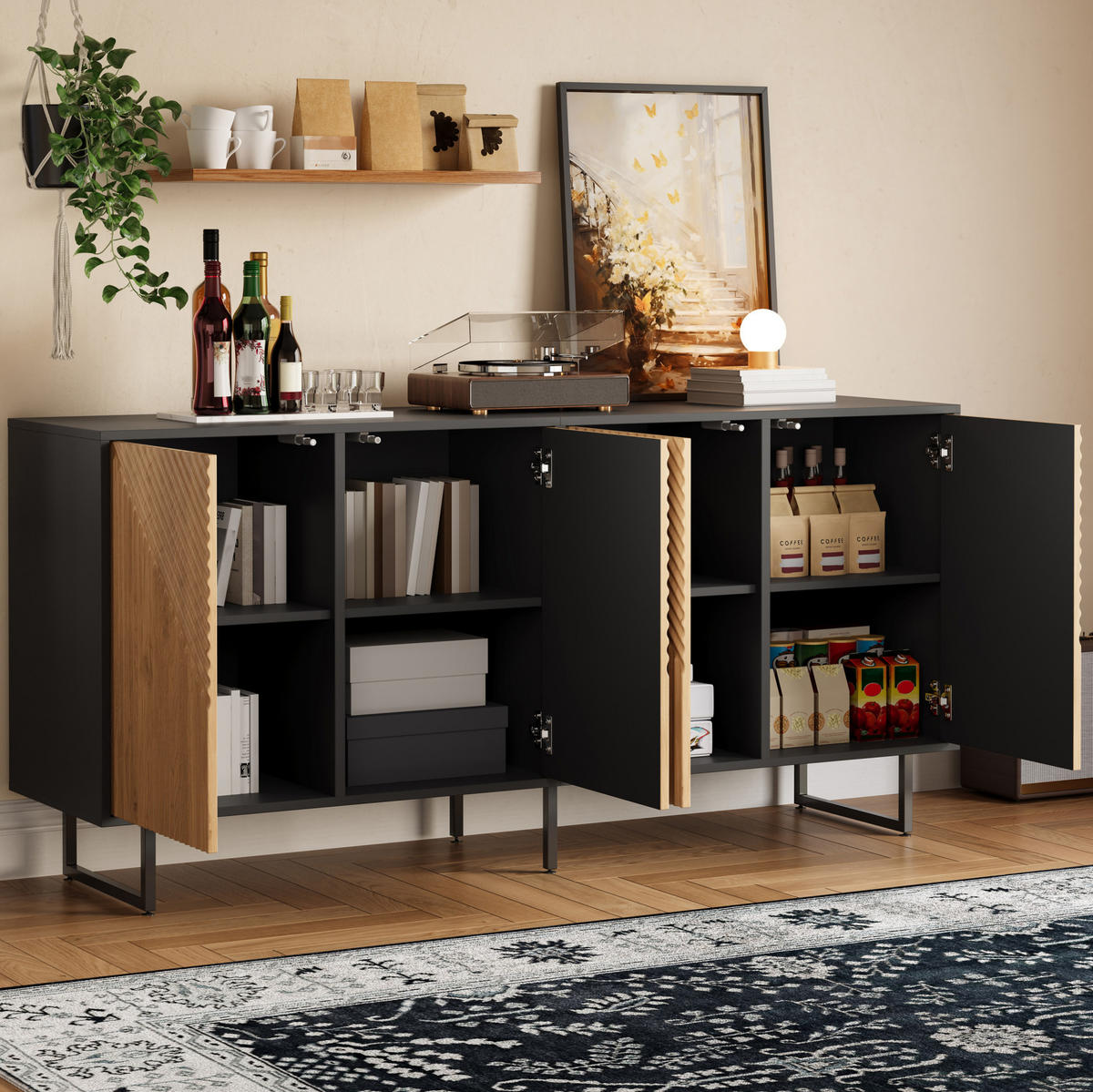 SIDEBOARD aus Spanplatte 160x40x75 cm Naturholz-Schwarz mit 4 Türen und 8 Fächern, strukturierter Front - Naturfarben, Holzwerkstoff (160/75/40cm) - Modfu