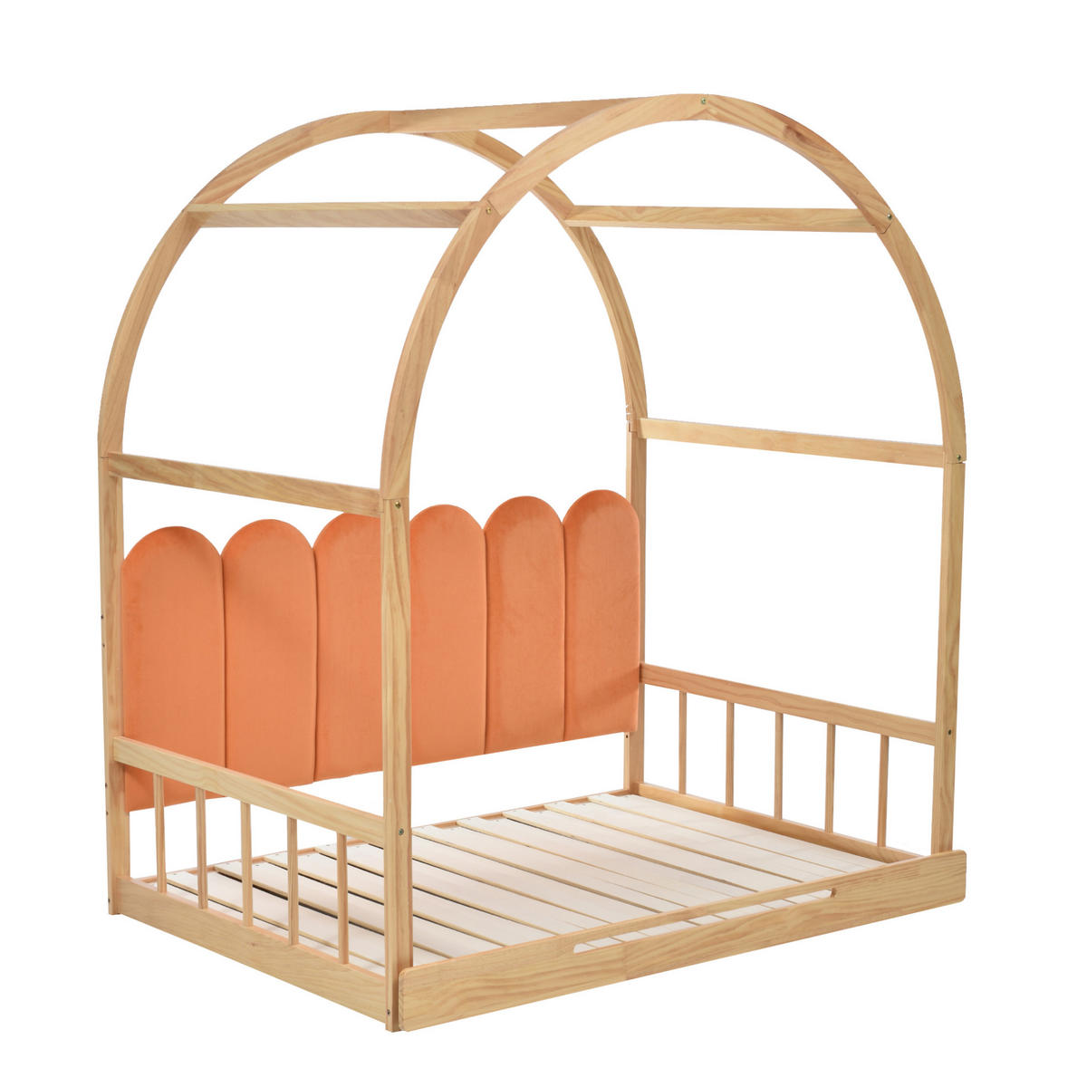 KINDERBETT aus Kiefer und MDF 140x200 cm Natur/Orange ausziehbar mit Dachrahmen, Kissen und 3-seitigem Schutz - Naturfarben, Holzwerkstoff (140/200cm) - Modfu