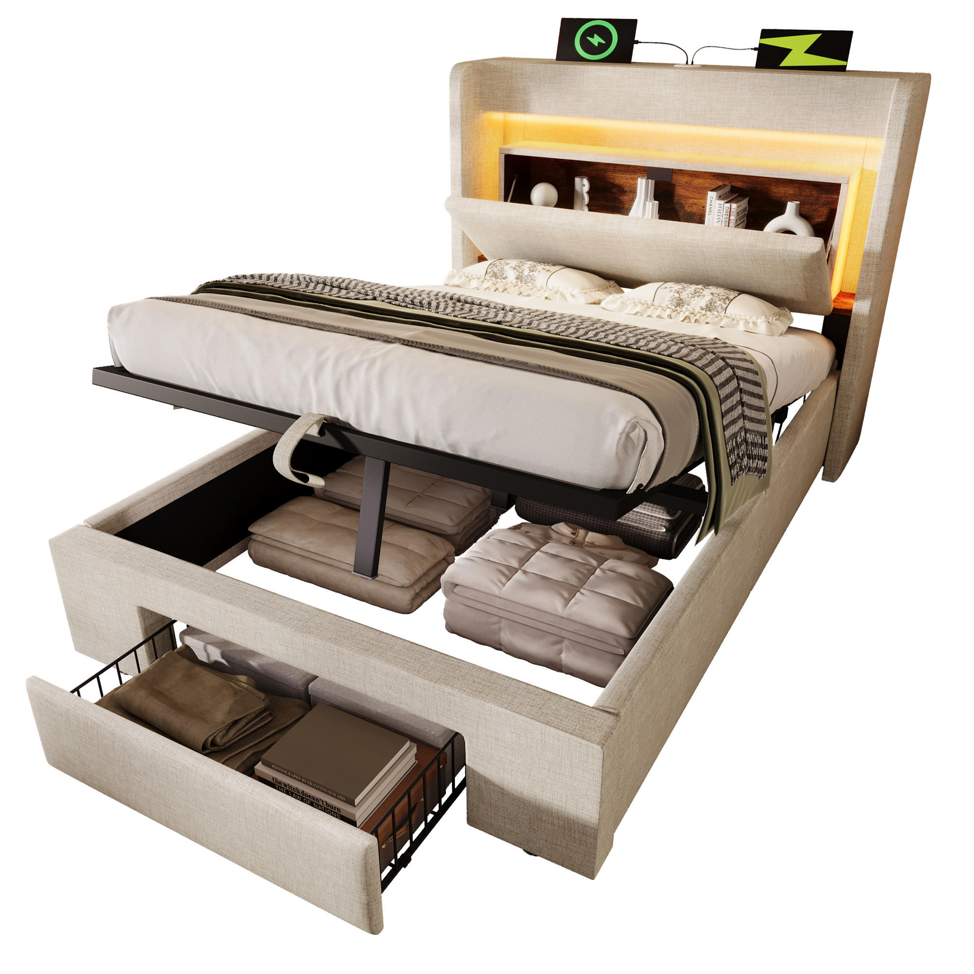 STAURAUMBETT 90/200 cm DE-01014, in Beige, Hydraulik, LED, Schublade und Matratze - Beige, Holz (90/200cm) - ComfortXL