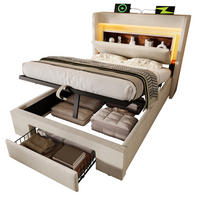 STAURAUMBETT 90/200 cm DE-01014, in Beige, Hydraulik, LED, Schublade und Matratze - Beige, Holz (90/200cm) - ComfortXL