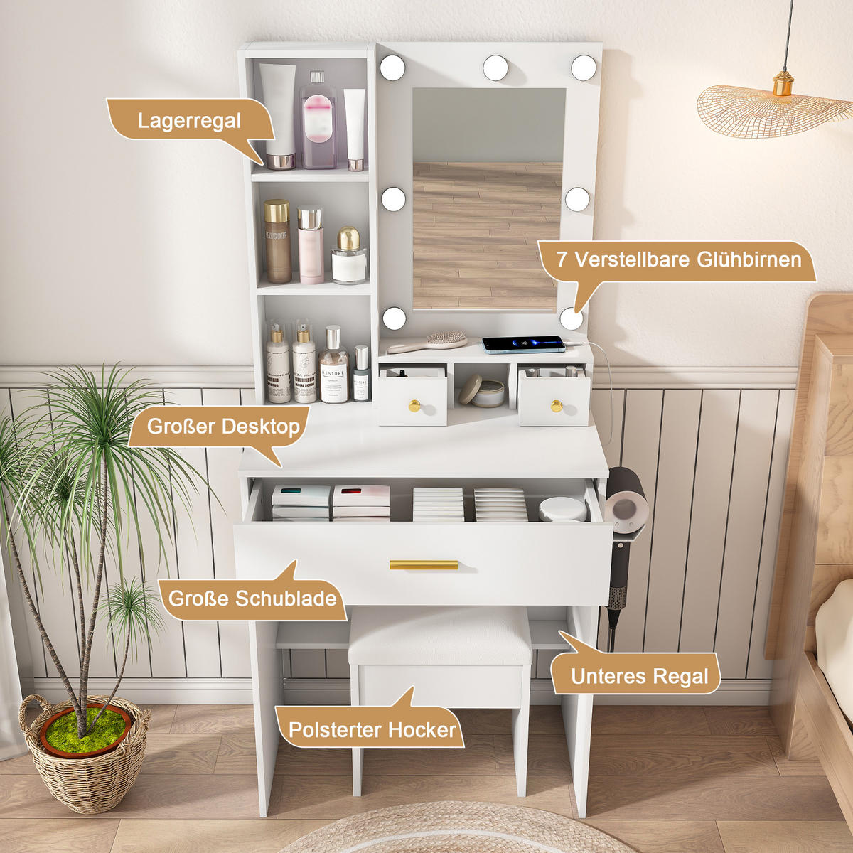 SCHMINKTISCH in Weiß Frisiertisch mit Hocker, Spiegel, LED und Steckdose, für kleine Schlafzimmer, B60/H131.5/T38cm - Weiß, Holzwerkstoff (60/131.5/38cm) - STILVORA