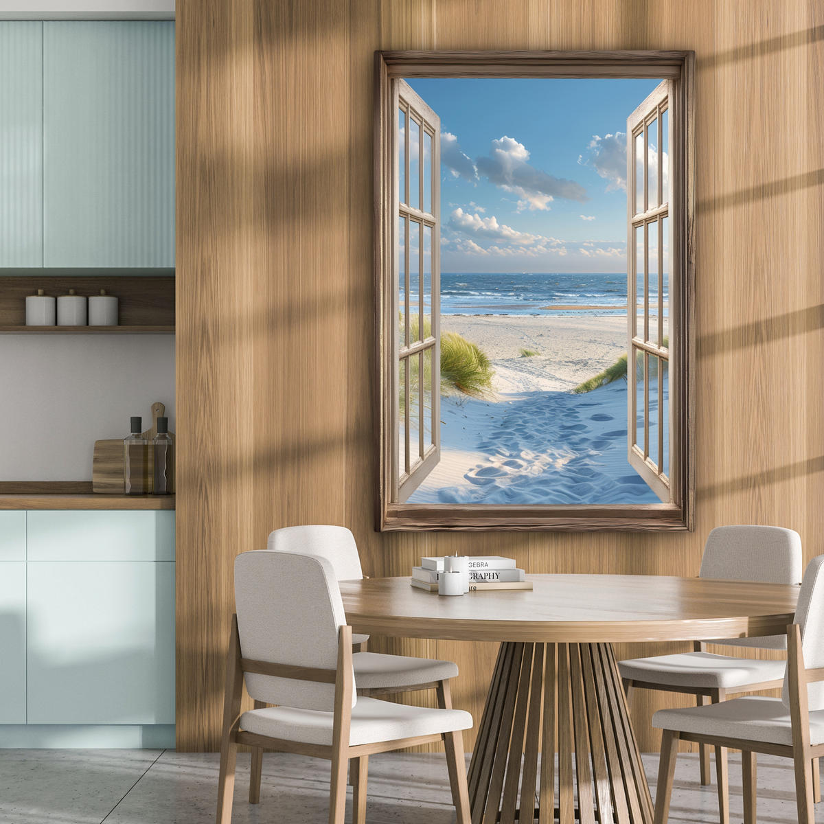 LEINWANDBILD Aussicht - Strand - Fenster - Dünen - Meer 80x120 cm - Hellblau, Textil (80/120cm) - MuchoWow