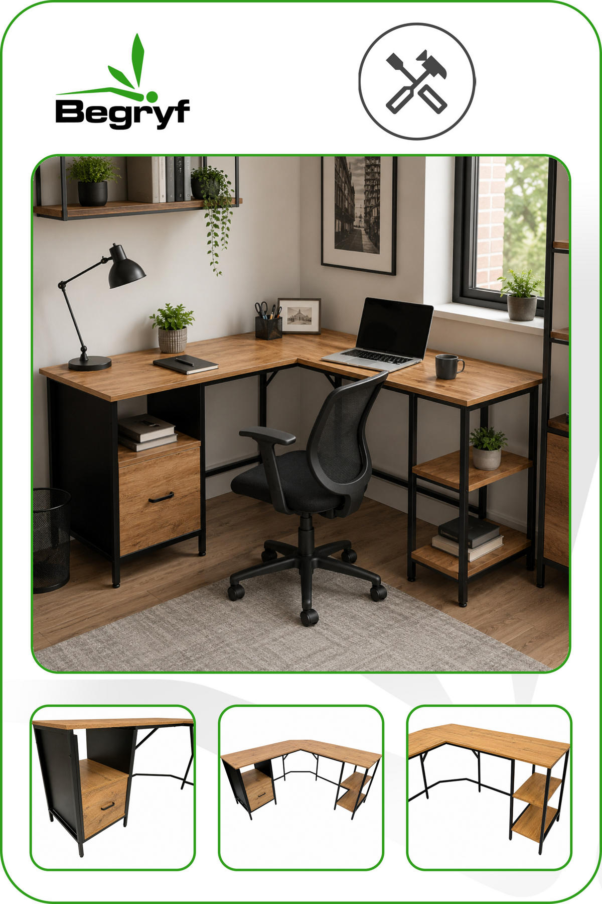 ECKSCHREIBTISCH MDF Metall Erle Dunkelbraun mit Schublade und Regalfächern 149x149x74.5 cm - Erlefarben, Holzwerkstoff/Metall (149/149/75cm) - Begryf