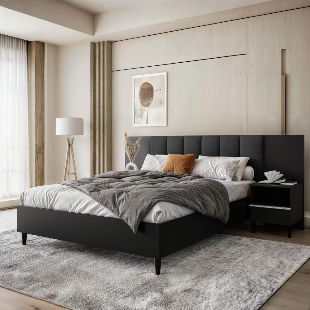 POLSTERBETT Lectus 166/211/108 mit 1 Nachttisch schwarz - Schwarz, Holzwerkstoff/Textil (160/200cm) - Beautysofa