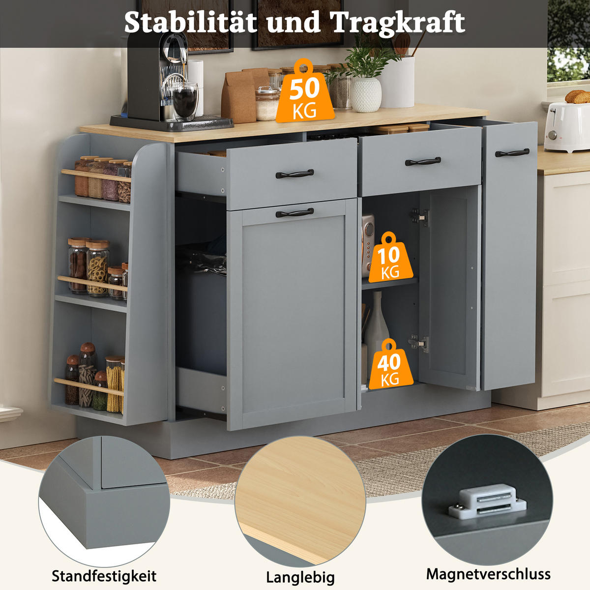 SIDEBOARD mit Abfallfach, Gewürzregal und Schubladen, Grau - Grau, Holzwerkstoff (133.5/86/40cm)