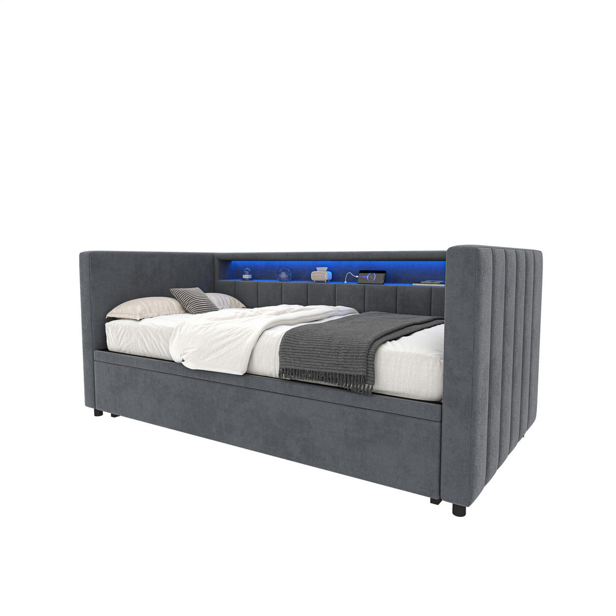 BETT mit Stauraum & Ausziehbett mit USB-C Anschluss und LED-Beleuchtung Beige 196/82-144/85 cm - Dunkelgrau, Textil - OKWISH