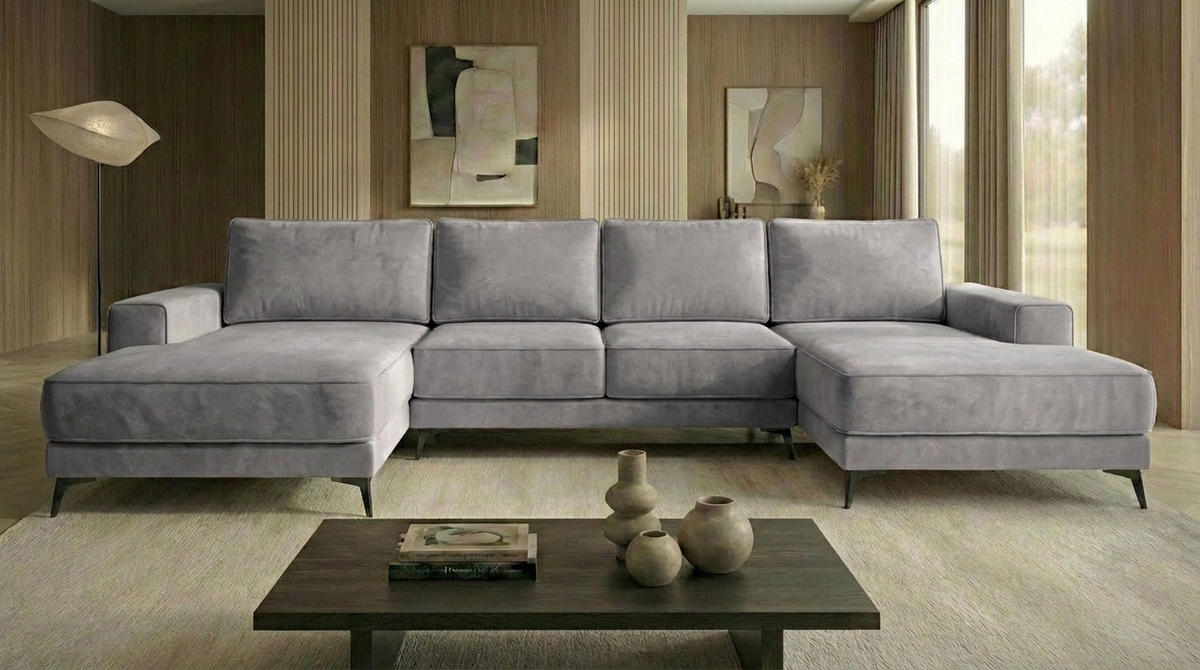 ECKSOFA VALTOR 320 cm x 185 cm – Stoff: VELUTTO Silber 15 Farbe: Grau - Grau, Textil (320/185cm) - A&J MöbelLand