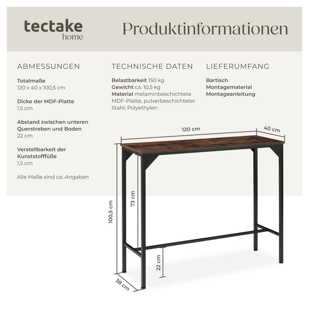 BARTISCH Kerry,120 x 40 x 100,5 cm,Industrial Holz dunkel, rustikal - Rostfarben, Holz (40/100.5/120cm) - tectake