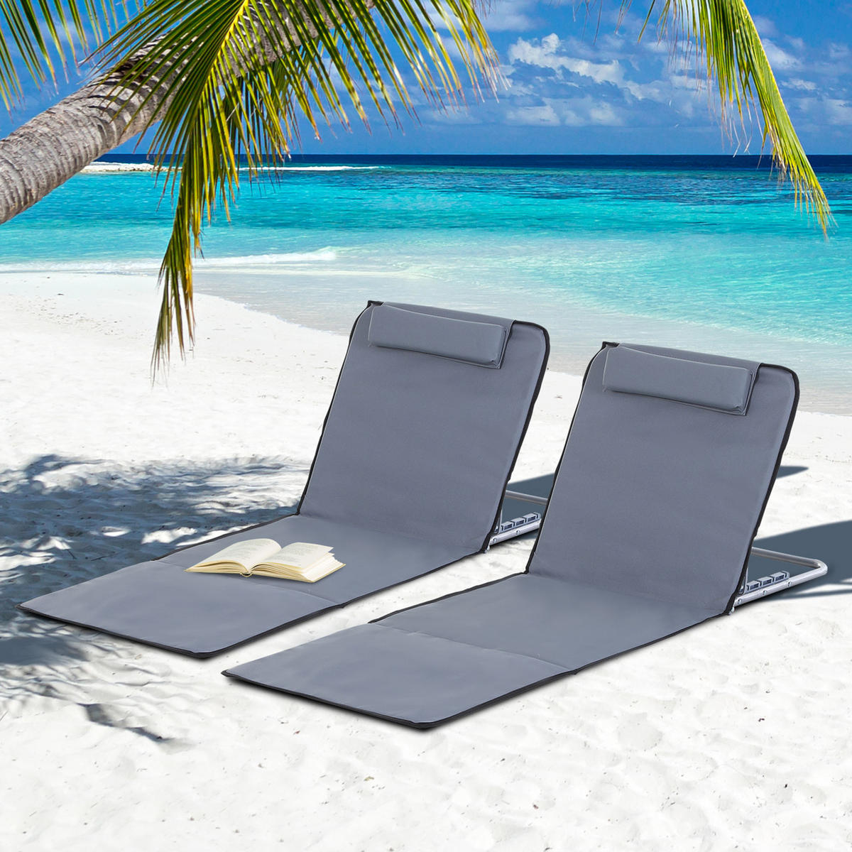 SONNENLIEGE 2er-Set Strandstühle mit 5-fach verstellbarer Rückenlehne Kopfstütze und Reisetasche 134x48x33–43 cm ,Grau - Grau, Metall (48/43/134cm) - Vallsero