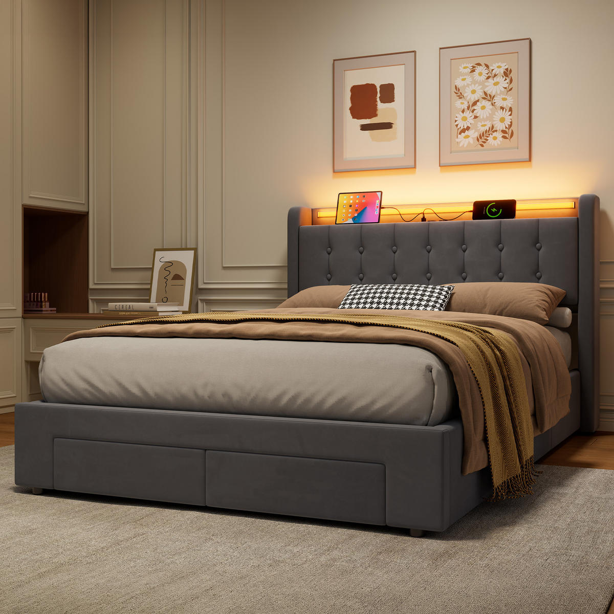 POLSTERBETT 140/190 cm in Grau, Samt, mit Bettkasten, USB, LED, Stauraum und Schubladen, ohne Matratze - Grau, Holzwerkstoff/Textil (140/190cm) - WISHDOR