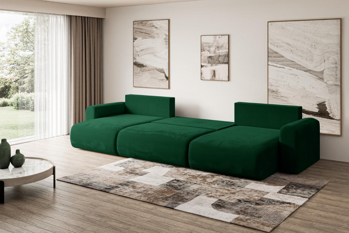 WOHNLANDSCHAFT mit Schlaffunktion und Bettkasten ORRO-U - 362x145x83 cm Grün Velours - Schwarz/Grün, Holzwerkstoff/Kunststoff (362/83/145cm) - ALTDECOR