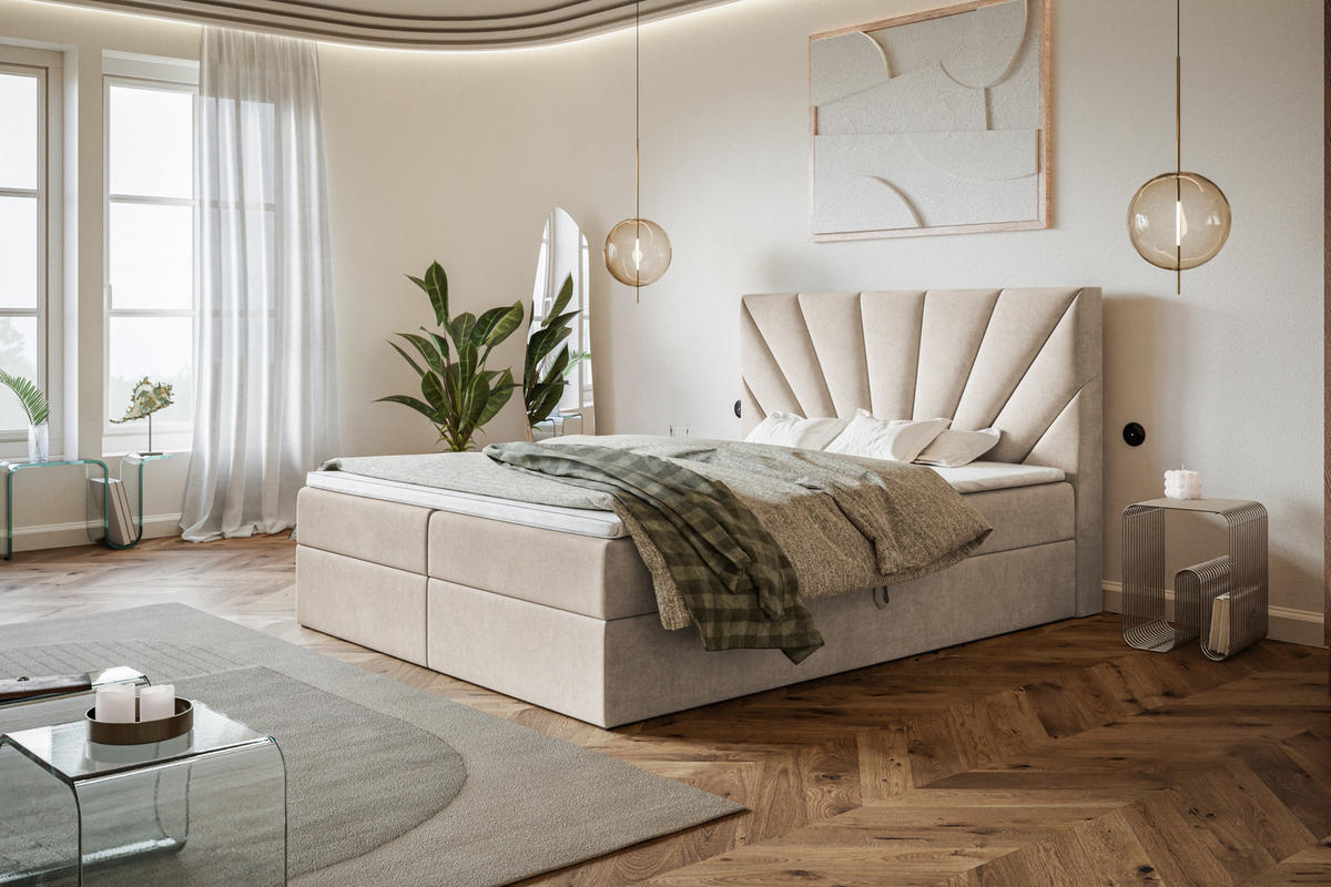 BOXBETT DENVER mit 2 Bettkästen, 180x200, Farbe: Beige, Velourstoff, Doppelbett mit Bonell-Matratze - Beige, Holz/Kunststoff (180/200cm) - Alpi-Möbel