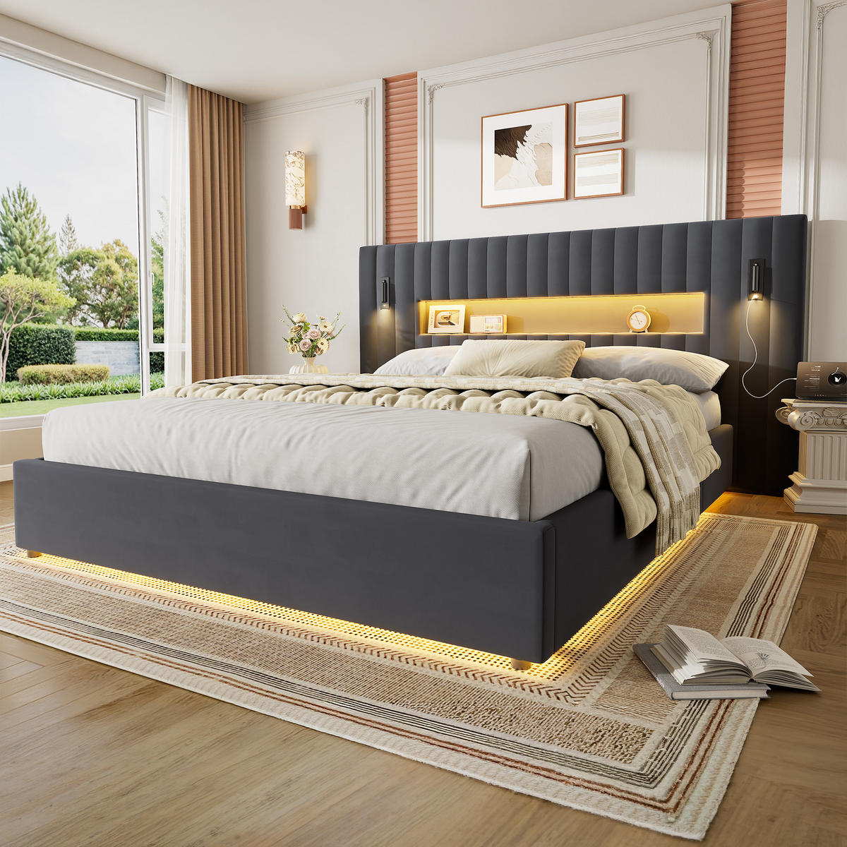 POLSTERBETT 180/200 cm mit Bettkasten&Leselampe Stauraumbett ohne Matratze, Samtbezug - Grau, Holzwerkstoff/Textil (180/200cm) - WISHDOR