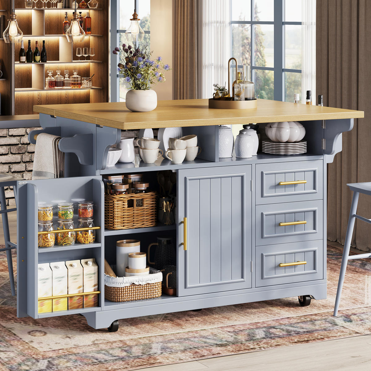 KÜCHENINSEL DE-38361 120/197 cm ausklappbar mit 3 Schubladen Hellblau - Hellblau, Holzwerkstoff (120/95/40cm) - ComfortXL