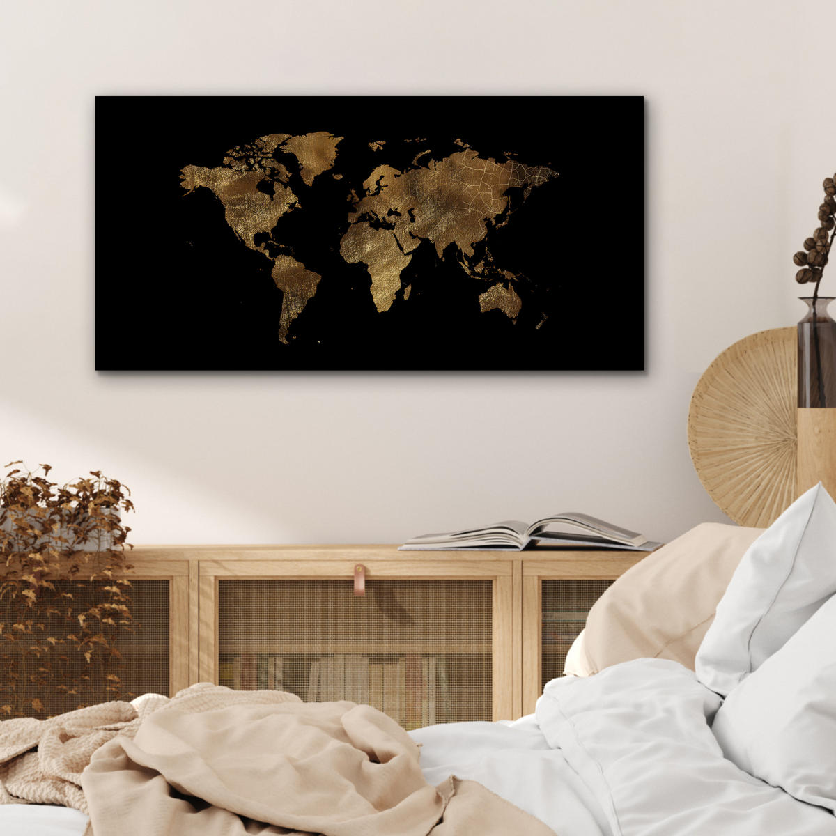 KOVOVÝ OBRAZ Mapa sveta - Zlato - Luxus - Zem - Čierna 80x40 cm - zlatá, kov (80/40cm) - MuchoWow