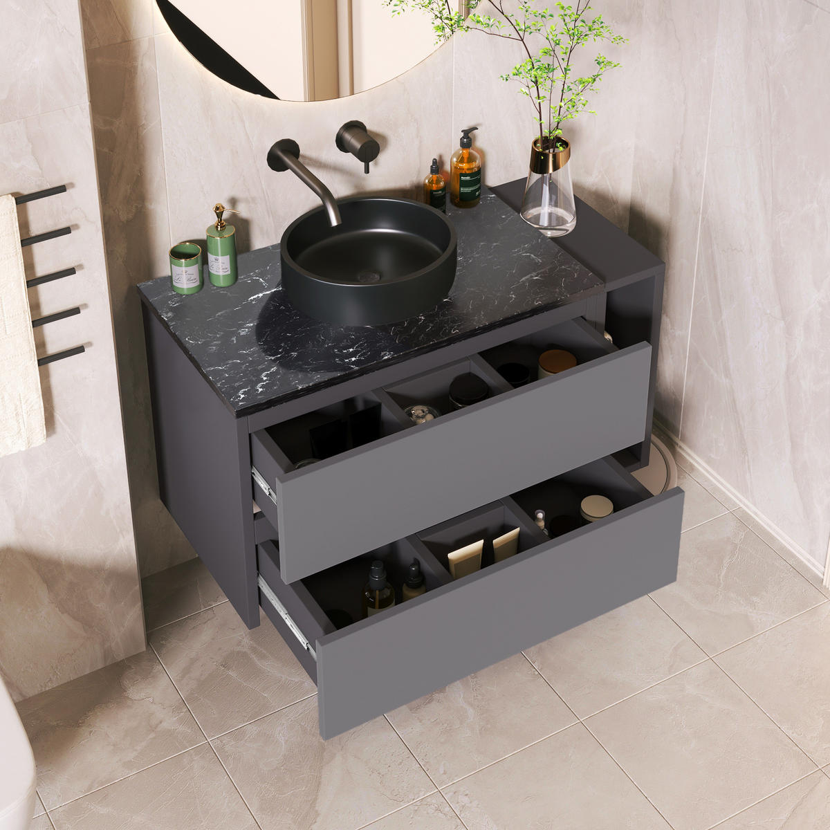 WASCHBECKENUNTERSCHRANK 80 cm Schwarz-Grau mit Keramikbecken - Schwarz, Holzwerkstoff (44/48.5/80cm) - Beauniv