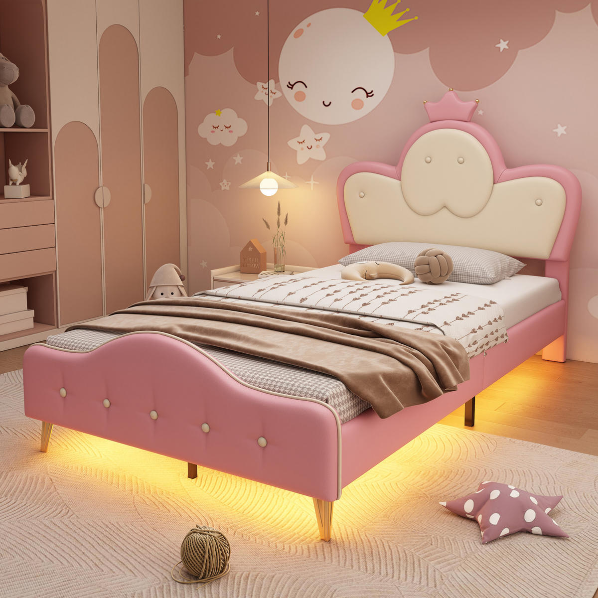 POLSTERBETT 90/200 cm Rosa/Weiß aus PU mit LED-Lichtleiste - Weiß, Kunststoff (90/200cm) - OKMYHOME