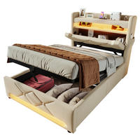BETT mit LED, Stauraum und Matratze 90x200 cm Leinen Beige - Beige, Metall (90/200cm) - Meubliv