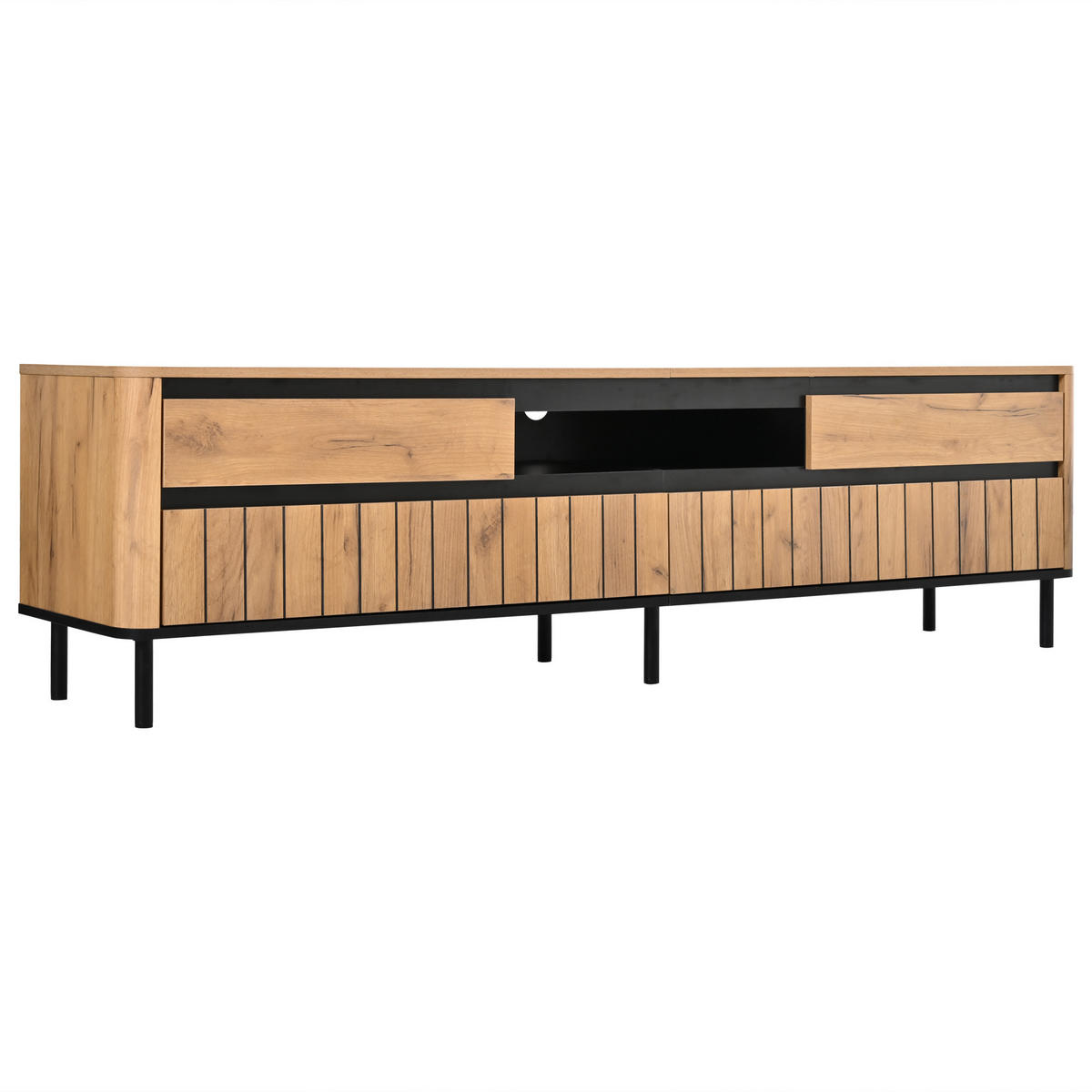TV STOLEK s 2 zásuvkami a 2 výklopnými dvířky, přírodní, 180 cm - přírodní/černá, kompozitní dřevo (180/52/40cm) - Urban Meuble