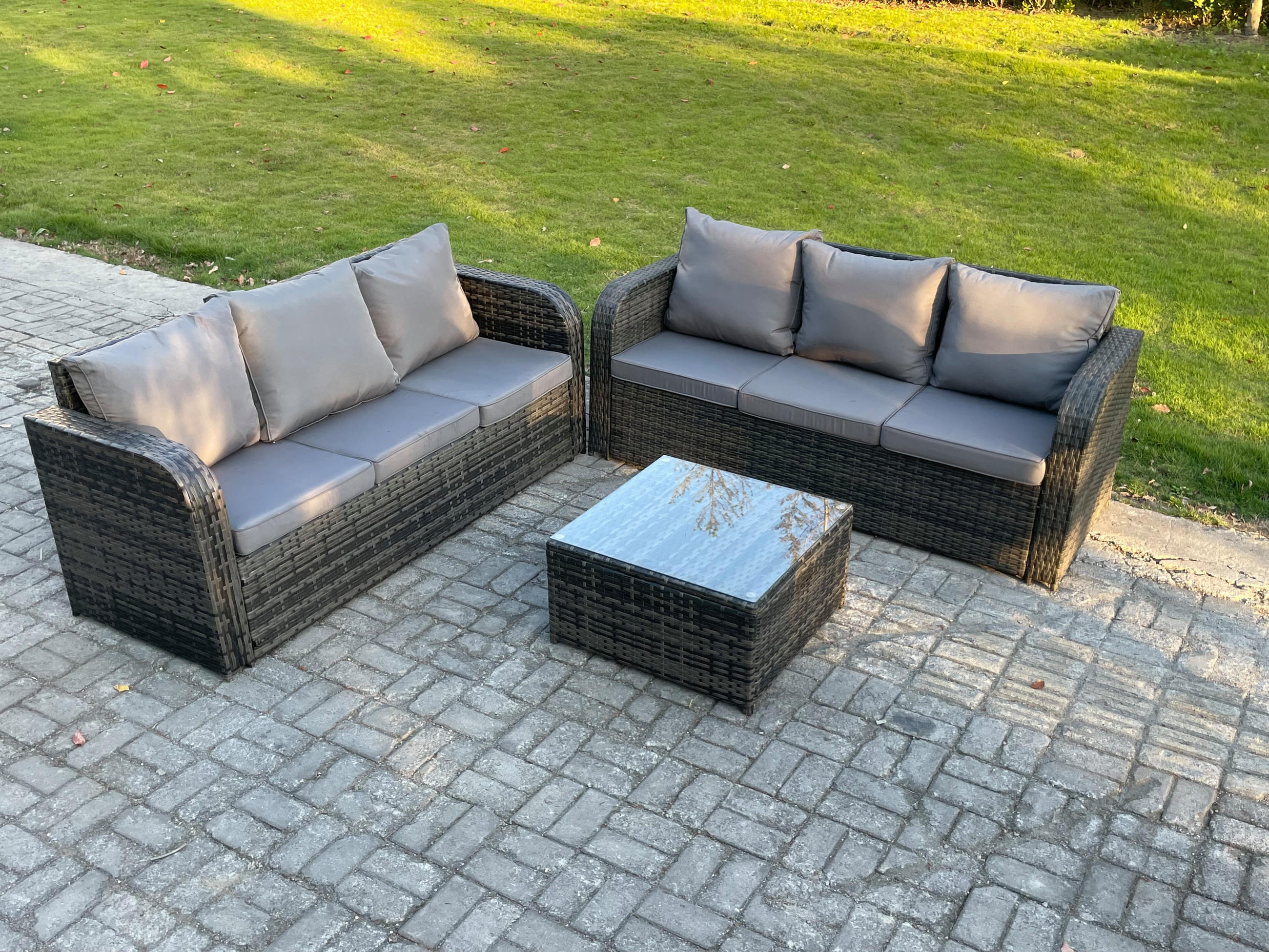 GARTENTISCHGRUPPE Polyrattan Dunkelgrau 3-teilige - Dunkelgrau/Grau, Glas/Kunststoff - Fimous