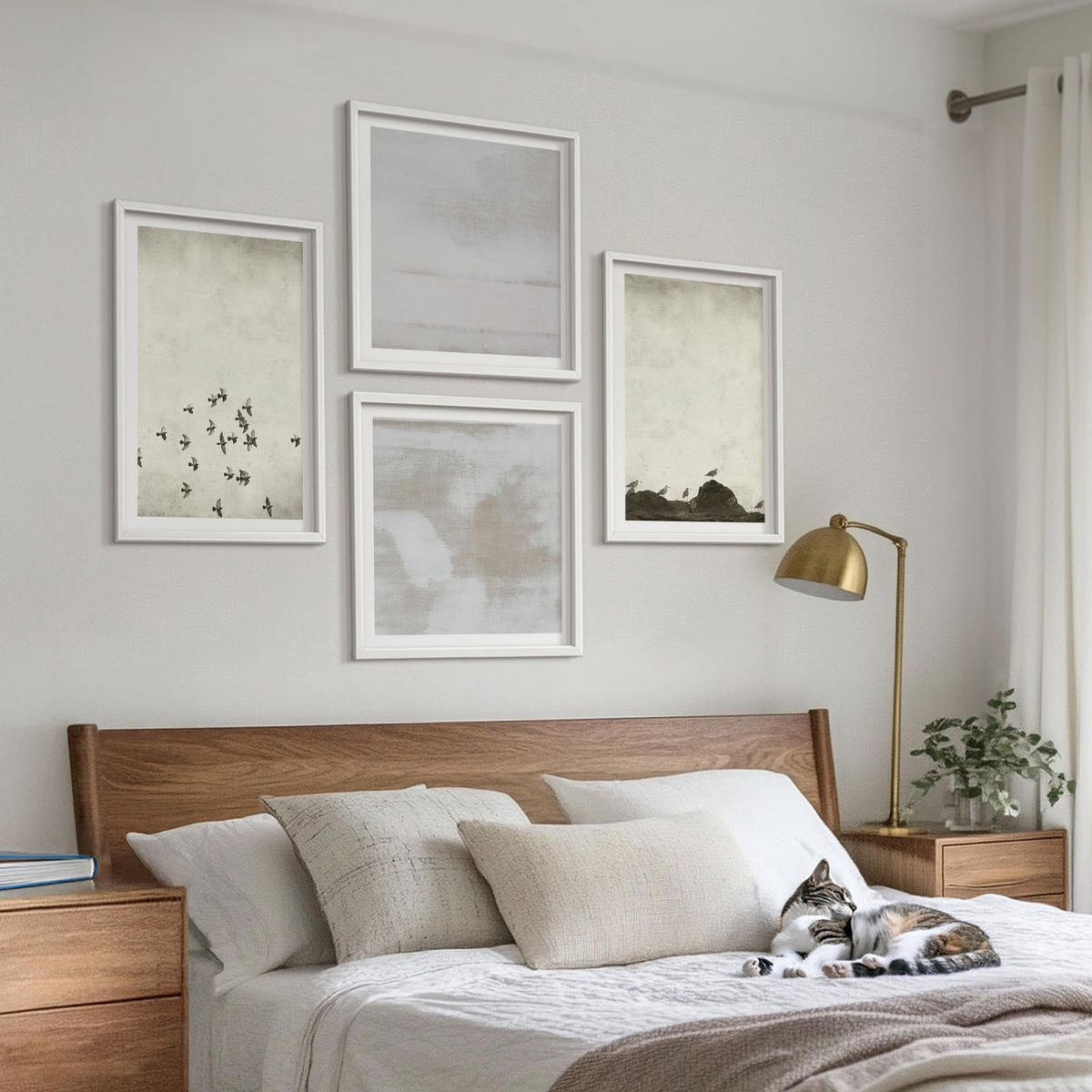 WANDBILDER 4er-Set - 50x50 cm & 40x60 cm Weißer Rahmen - Minimalistische Vögel im Flug - Weiß, Kunststoff (50/50cm) - ArtPrintCave