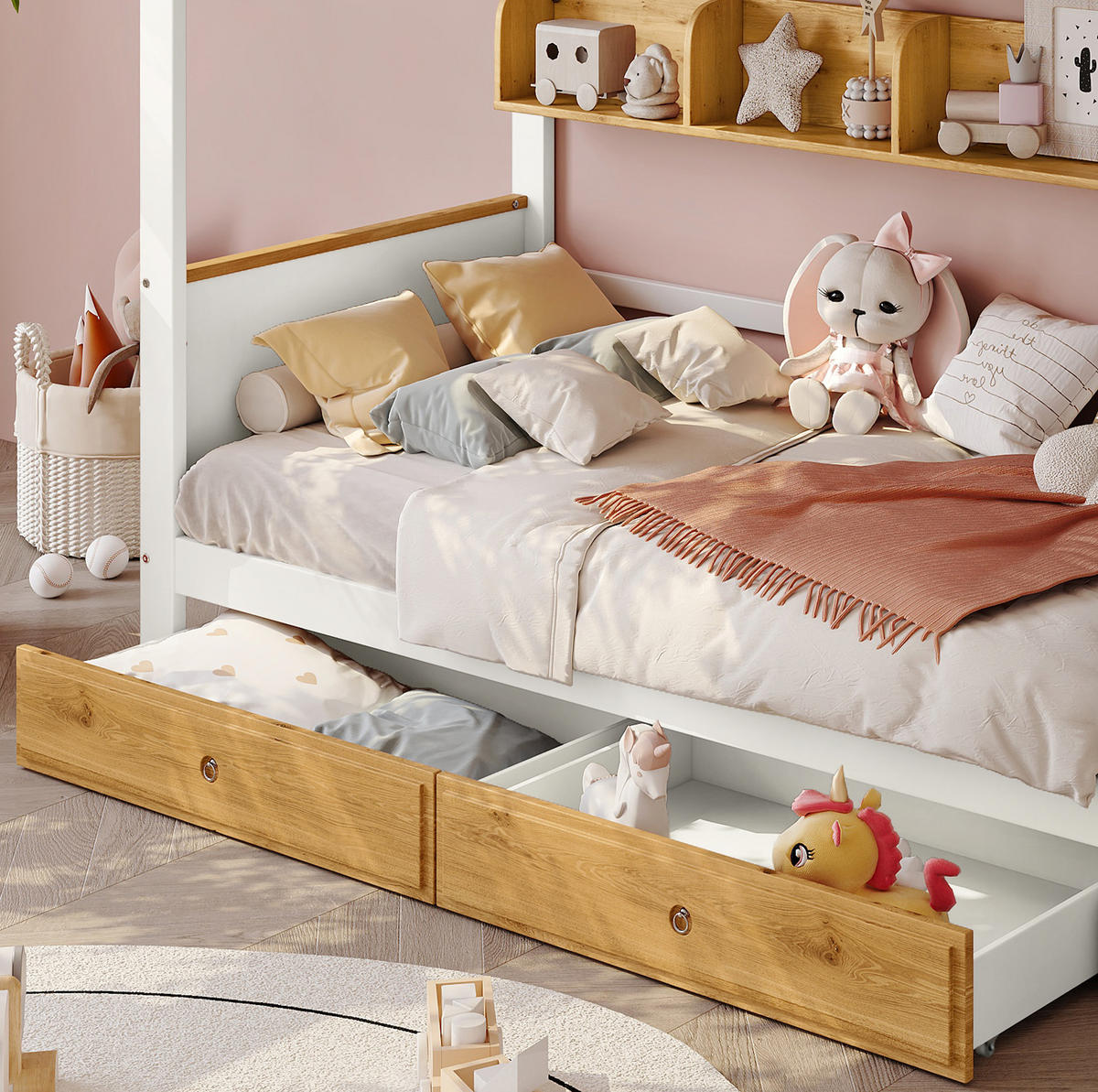 ETAGENBETT 90/200 cm mit Treppe und Stauraum in Weiß/Natur - Weiß, Holzwerkstoff - BEAOK