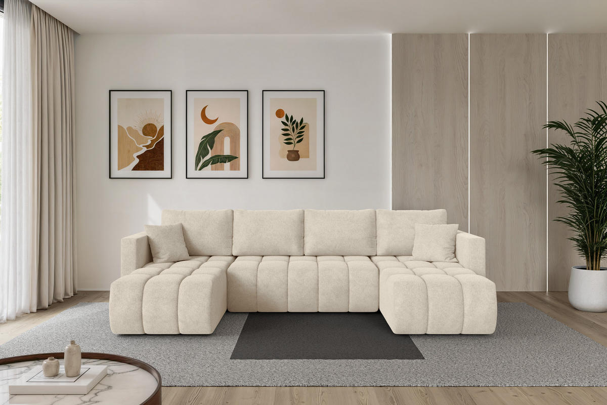 SEDACÍ SOUPRAVA DO U s funkcí spaní a úložným prostorem GARD-U 300x146x85 krémová velur - černá/krémová, kompozitní dřevo/textil (300/85/146cm) - ALTDECOR