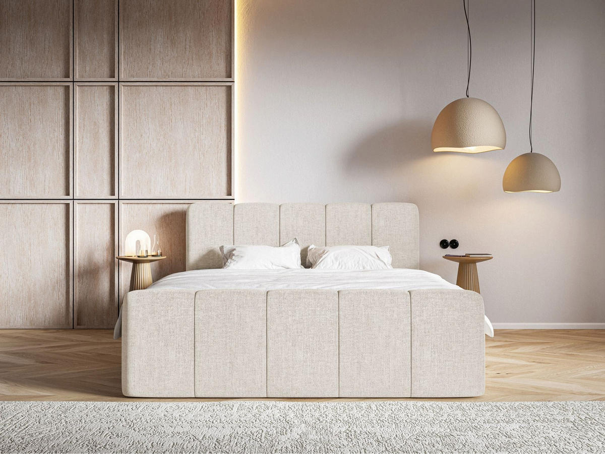 BOXBETT Cloudy II mit Bettkästen und Topper Chenille Hellbeige, 160x200 cm - Ecru/Schwarz, Kunststoff/Textil (160/200cm) - Selsey