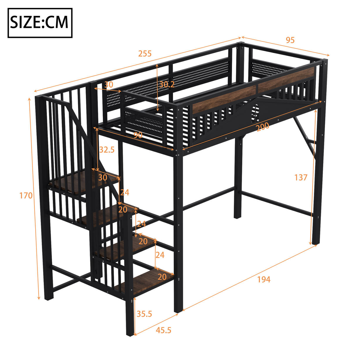 HOCHBETT 90/200 cm DE-01435, in Schwarz, mit Sicherheitsumrandung und Leiter - Schwarz, Metall (90/200cm) - ComfortXL