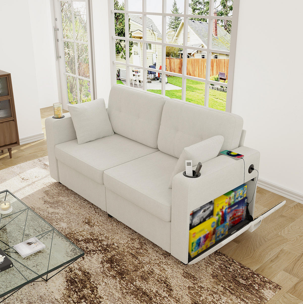 SOFA 2-Sitzer mit Stauraumschubladen USB Chenille Beige - Beige, Holzwerkstoff (172/82/75cm) - Meubliv