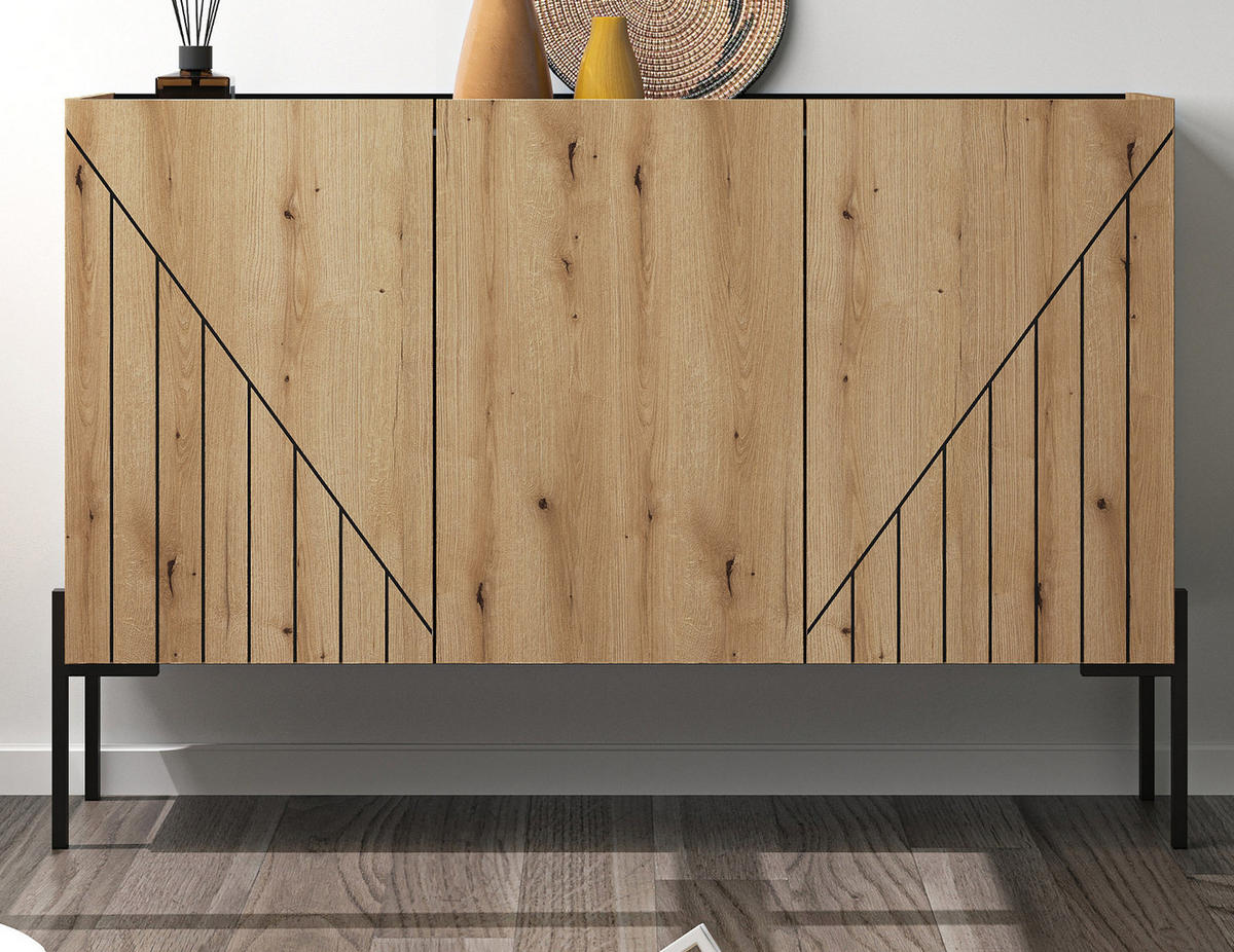 SIDEBOARD Evoke Eiche, Kommode 120 x 81 cm mit Soft-Close - Eichefarben/Schwarz, Holzwerkstoff/Metall (120/81/40cm) - Inn.Furn