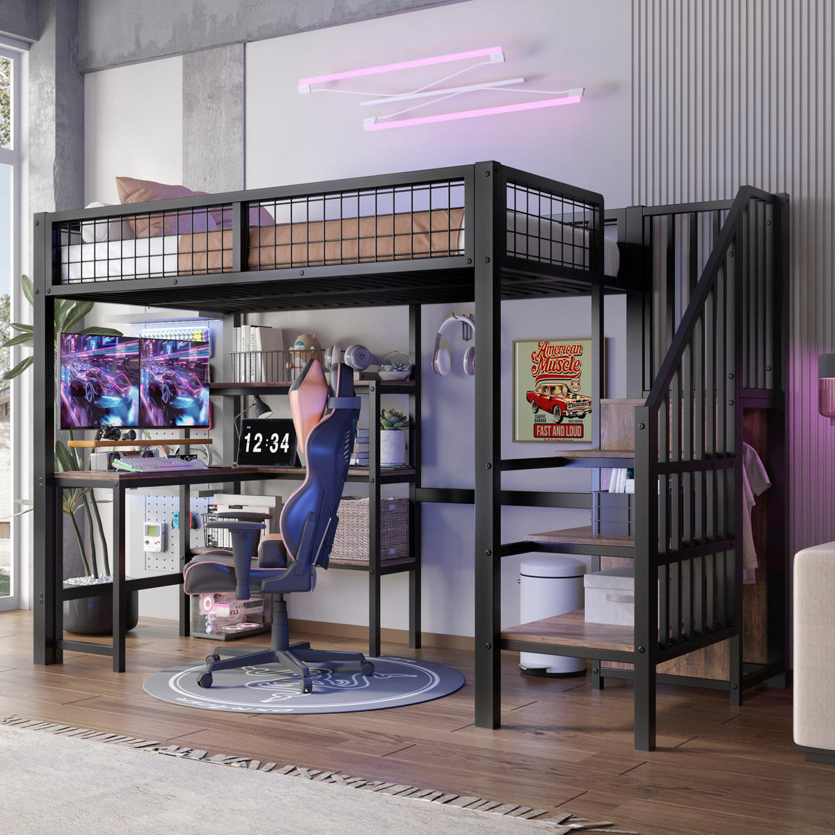 HOCHBETT 90/200 cm Schwarz/Braun aus Metall und MDF mit Schreibtisch und Kleiderschrank - Schwarz, Holzwerkstoff (90/200cm) - OKMYHOME