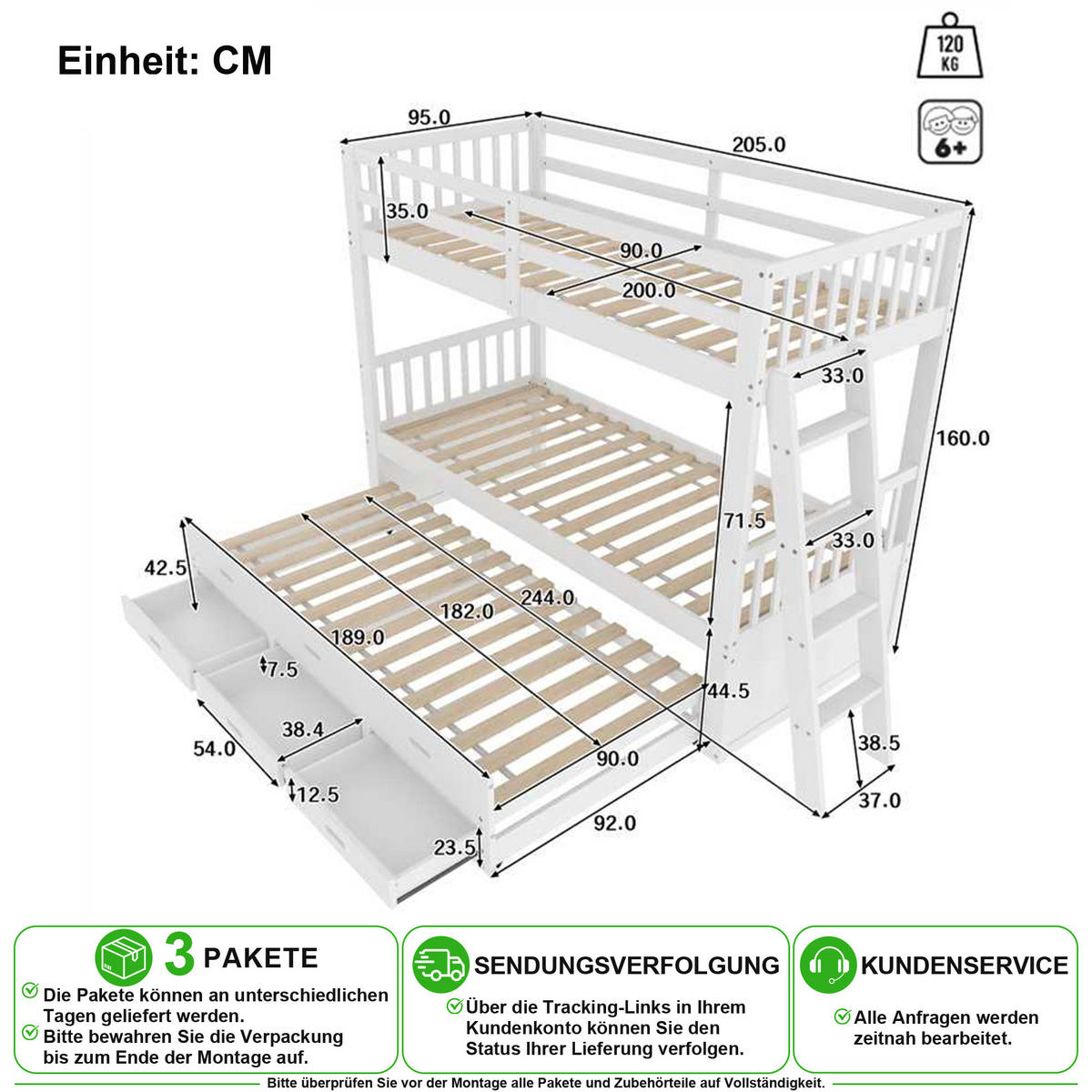 ETAGENBETT 90/200 cm & 90/182 cm in Weiß mit Ausziehbett und 3 Schubladen - Weiß, Holz/Holzwerkstoff (90/200cm) - CHICFURN